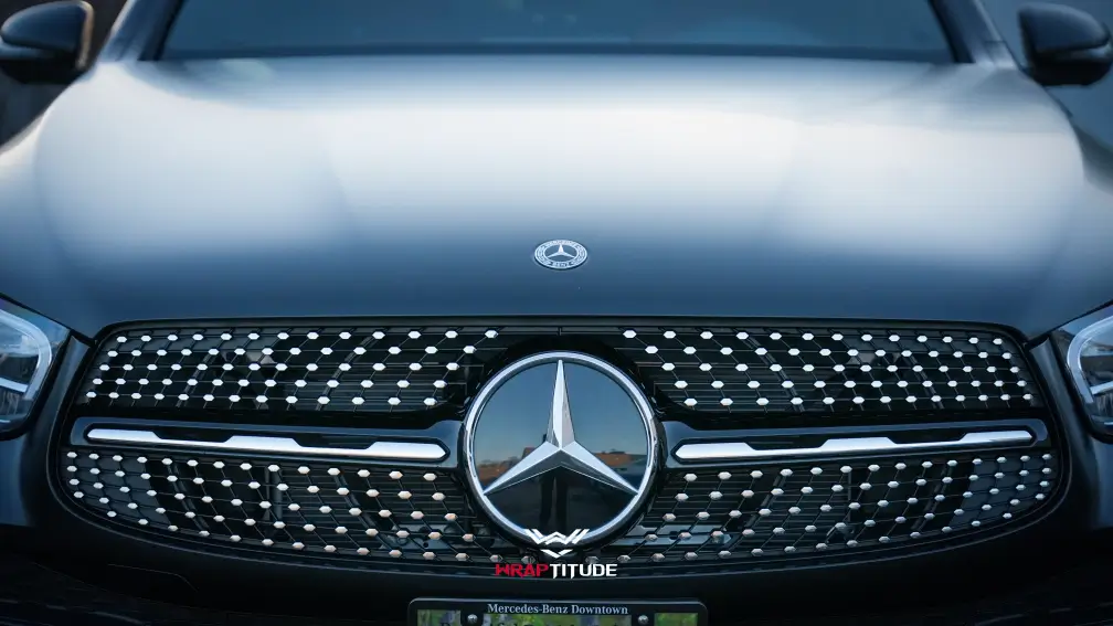 black Mercedes car with long lasting vinyl wrap